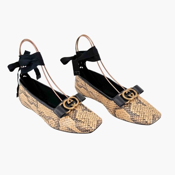 Gucci Evi Interlocking GG Ballet Flats Size 37.5 US 7.5 Beige Python Snake Logo - Picture 3 of 15